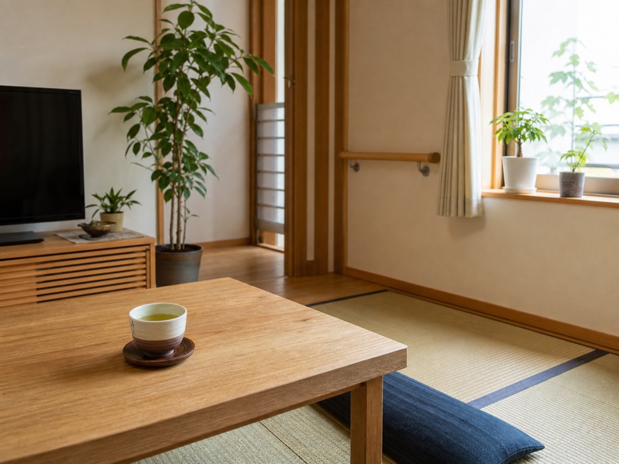 手すりのある、住み慣れた住まいの一室